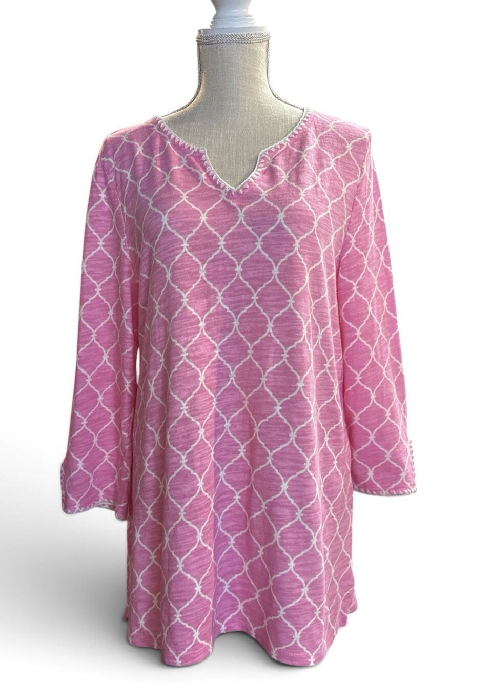 Talbots Pink White Linen Cotton Tunic Top Beachy Coastal Stitched Trim Large